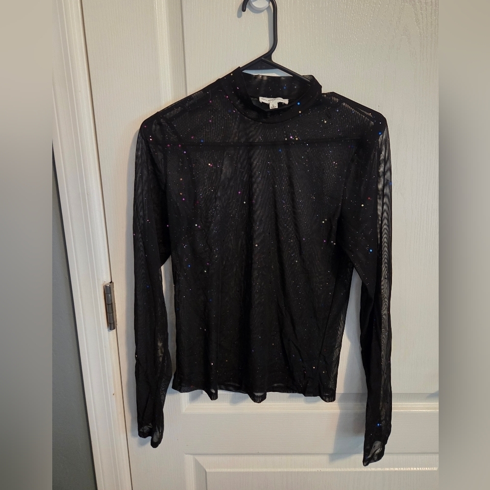 Black Sheer Long Sleeve Top Multicolored Sparkles